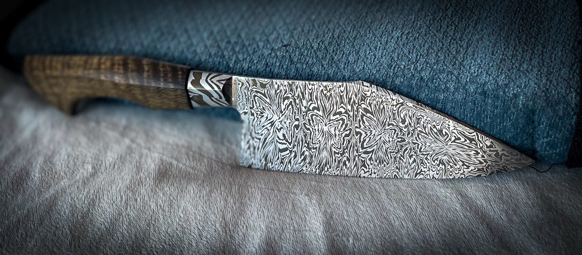 Mosaic Damascus integral petty chef – Ouroboros Forge